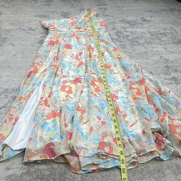 New Likely Sara Dress Floral Watercolor Metallic One Shoulder Midi Sz 0